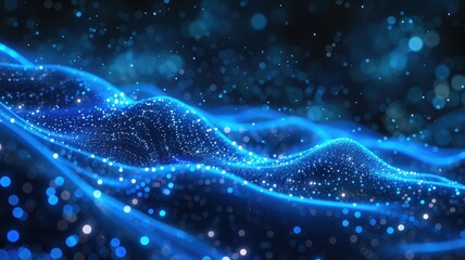 Fototapete - Abstract picture micro light sparkling particle represent data flow. Vivid flowing wave with high tech texture, create digital effect scene perfect for energetic and fantasy wallpaper design. AIG53.