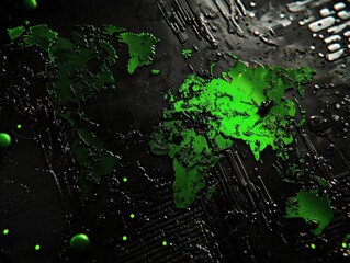 Poster - World Map in Green on Black Tech Background Close Up Macro Global Connectivity Digital Network Futuristic Design