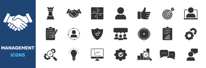 Aufkleber - Management And Business Strategy Icon Set. Leadership, Teamwork, Project Planning Silhouette Symbol Collection. Includes Communication, Goal Setting, Performance. Isolated Vector Illustration
