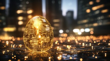 Poster - Futuristic Circuit Egg in Cityscape Glows Brightly with Technological Promise and Innovation