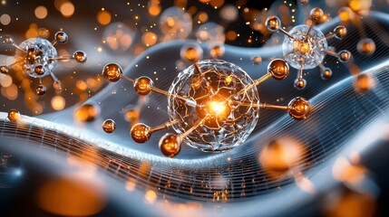 Poster - Abstract depiction of molecular structures with glowing particles in a dynamic setting.