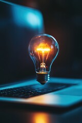 Poster - Glowing Lightbulb on Laptop Keyboard Close Up Shot Idea Concept Innovation Inspiration Creativity Technology Business Solution