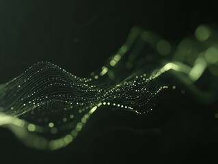 Poster - Abstract data visualization on dark background showing flowing green lines and dots for science and technology concepts