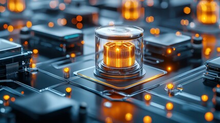 Poster - A futuristic microchip with glowing elements and a transparent core showcasing technology.