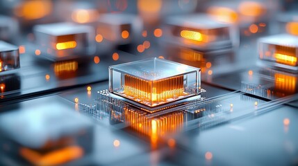 Poster - Futuristic microchip design with glowing elements showcasing advanced technology.