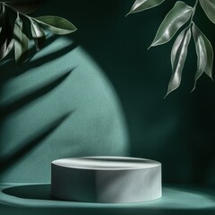 Poster - Minimalist product display with green leaves casting shadows on a textured backdrop studio shot for cosmetic or jewelry presentation