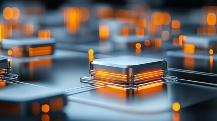 Poster - Abstract close-up of futuristic microchips glowing with orange light.