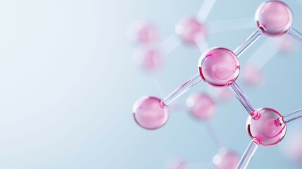 Poster - Close-up of a molecular structure with pink transparent spheres on a soft blue background.