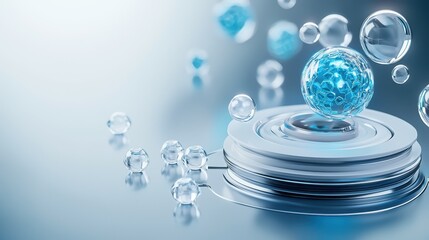 Poster - Abstract image of blue molecular structures and bubbles on a reflective surface.