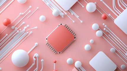 Aufkleber - Abstract composition of a microchip surrounded by geometric elements on a soft pink background.