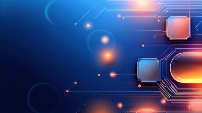 Futuristic digital circuit design with glowing elements and blue backdrop.