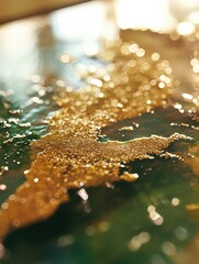 Poster - Abstract golden glitter on green surface macro shot with bokeh effect artful design background