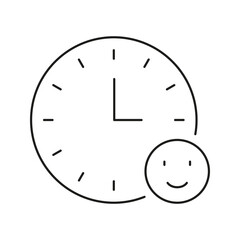 Poster - Clock With Smiling Face Line Icon. Time Management And Positive Mood Outline Symbol. Happiness And Productivity Balance. Editable Stroke. Isolated Vector Illustration