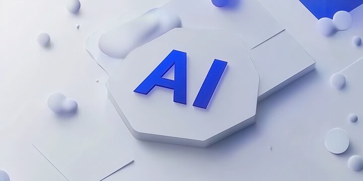 AI concept, 3D rendered, geometric shapes, light gray background, with blue text