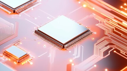 Poster - Close-up of modern microchips on a glowing circuit board in vibrant orange tones.