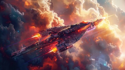 Poster - Explore a vibrant angular spaceship soaring through an intense cosmic vortex filled with dramatic colors and light. Perfect for sci-fi and fantasy themes.