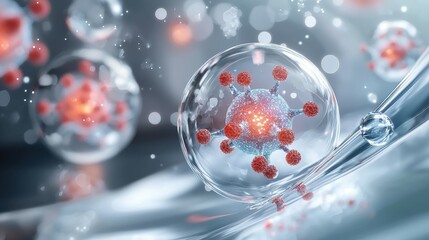 Poster - Close-up of virus particles in a liquid medium, highlighting molecular structures and colors.