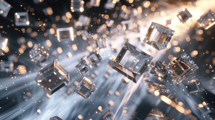 Poster - Explore a vibrant visual representation of data movement, showcasing transparent squares illuminated by sparkling light. Ideal for tech and creative themes.