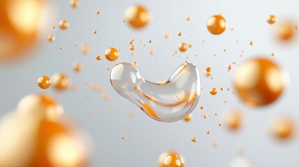 Poster - Abstract close-up of floating orange droplets and a transparent liquid shape.