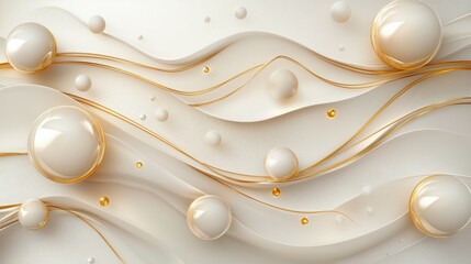 Poster - Abstract composition with fluid curves and glossy spheres in soft white and gold tones.