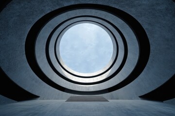 Poster - A circular skylight framed by concentric architectural rings, viewed from below, with natural light illuminating stone steps.