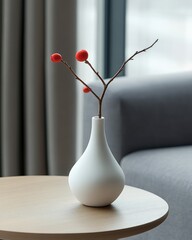 Poster - Still life of vase with red berries on table in modern interior setting minimalist style