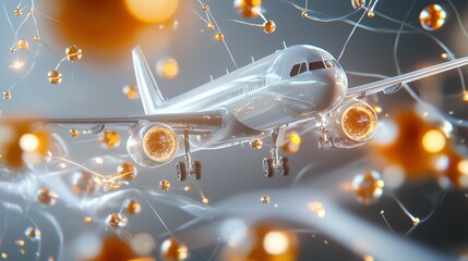 Poster - Futuristic airplane flying through a network of abstract particles and connections.