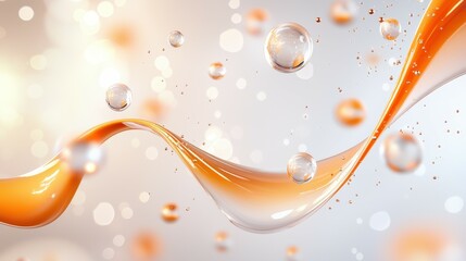 Poster - Abstract orange and transparent liquid wave with bubbles on a light background.