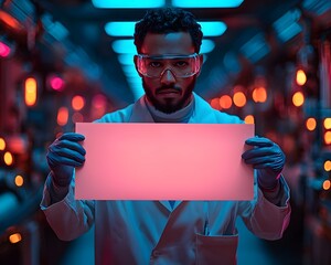 Poster - Scientist in futuristic lab holding blank cardboard sign