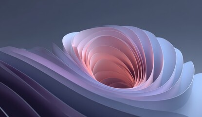 Poster - Abstract layered paper art in soft pastel colors, forming a spiral shape with a glowing center and smooth, flowing curves.