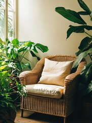 Poster - Cozy wicker chair surrounded by lush green plants in a sunlit room interior design lifestyle shot