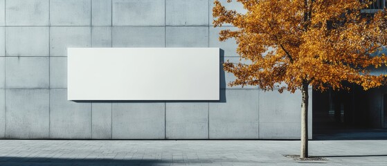 Poster - Modern Building Facade with Blank Sign and Autumn Tree in Urban Landscape Setting