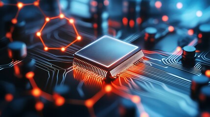 Poster - Close-up of a microchip on a circuit board with vibrant orange and blue lights.