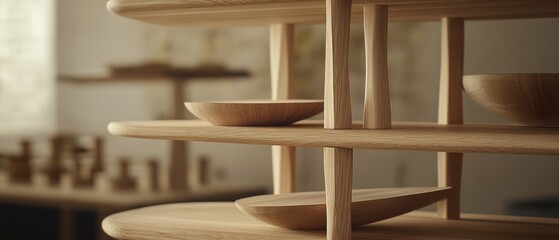 Poster - Close up of wooden shelf with bowls in studio setting showcasing craftsmanship and design with soft light and shallow depth of field