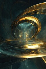 Poster - Abstract Golden Rings in Futuristic Architecture Interior Digital Art Illustration