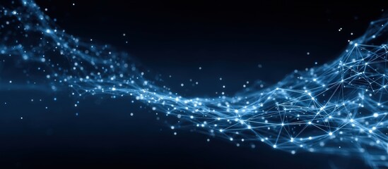 Poster - A digital wave of glowing blue lines and dots connecting across a dark background, representing technology and data networks.