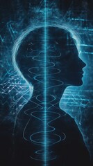 Poster - Woman Silhouette with Digital Brain Waves and Neural Network Conceptual Futuristic Illustration in Blue Tones