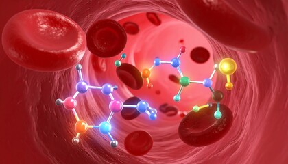 Poster - Bloodstream scene featuring red blood cells and molecules, showcasing health, science, and medicine. Visual for research, biology, and pharmaceutical concepts.