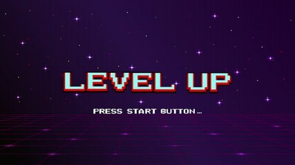 Wall Mural - level up. pixel art .8-bit game. retro futurism sci-fi background. glowing neon grid. and stars from