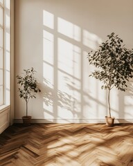Aufkleber - Interior of bright room with two potted trees and herringbone wood floor bathed in sunlight from window