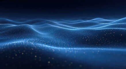 Fototapete - Abstract digital waves with glowing blue dots create a futuristic, flowing landscape in a dark background.