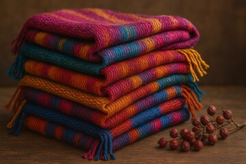 Poster - Colorful Woven Blankets Arranged Neatly on a Wooden Surface With Decorative Accents Nearby During a Cozy Indoor Setting Generative AI