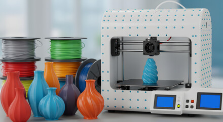 Poster - 3D Printer Creating Blue Vase with Red Orange and Blue Vases with Spools on the White Table in Bright Studio