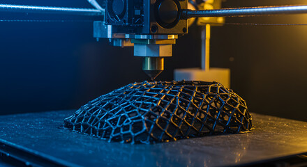 Poster - Black Geometric Structure Being Created by 3D Printer Under Blue and Yellow Dramatic Lighting