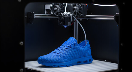 Poster - Bright Blue Shoe Being 3D Printed in Dark Printer Detailed View of 3D Printing Process White Printing Bed Precision Engineering with High Tech Innovation