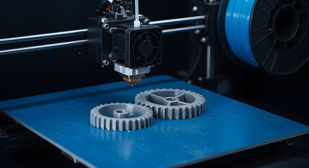 Poster - Close Up of a Three D Printer Crafting Grey Gears with Blue Platform And Dark Backdrop Showcasing Modern Automated Industrial Progress