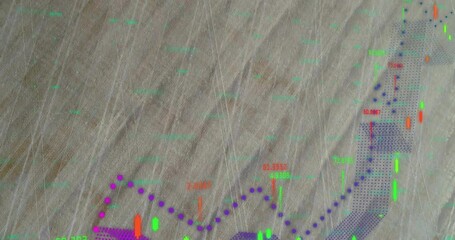 Poster - Digital chart data being visualized in flat design showing numbers, dotted trend and candle bars