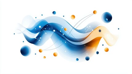 Poster - Abstract flowing waves in blue and orange with geometric shapes.