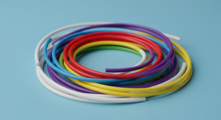 Poster - Coiled Rainbow Plastic Tubing on Light Blue Background Still Life