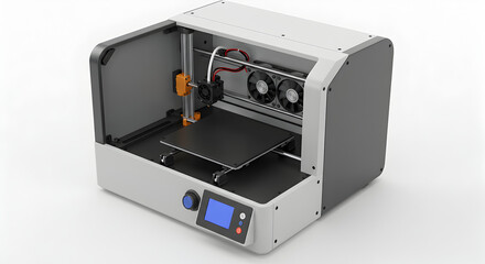 Poster - Compact 3D Printer with Monochrome Screen and Dual Fans in White and Gray on White Background in a Studio Setting